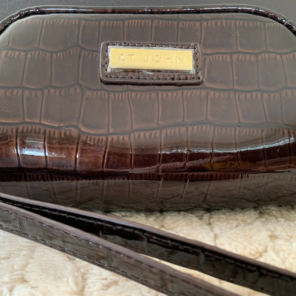 St John Mahogany Brown Patent Leather Wristlet
